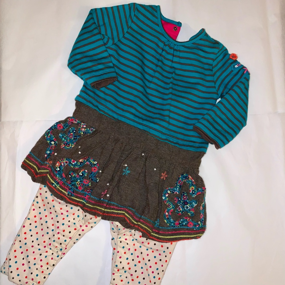 CATIMINI Infant Girls One Piece Outfit Top Skirt Leggings Designed France Sz 6M